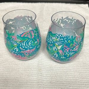Lilly Pulitzer Tropical Stemless Plastic Wine Glasses - Teal & Pink Floral